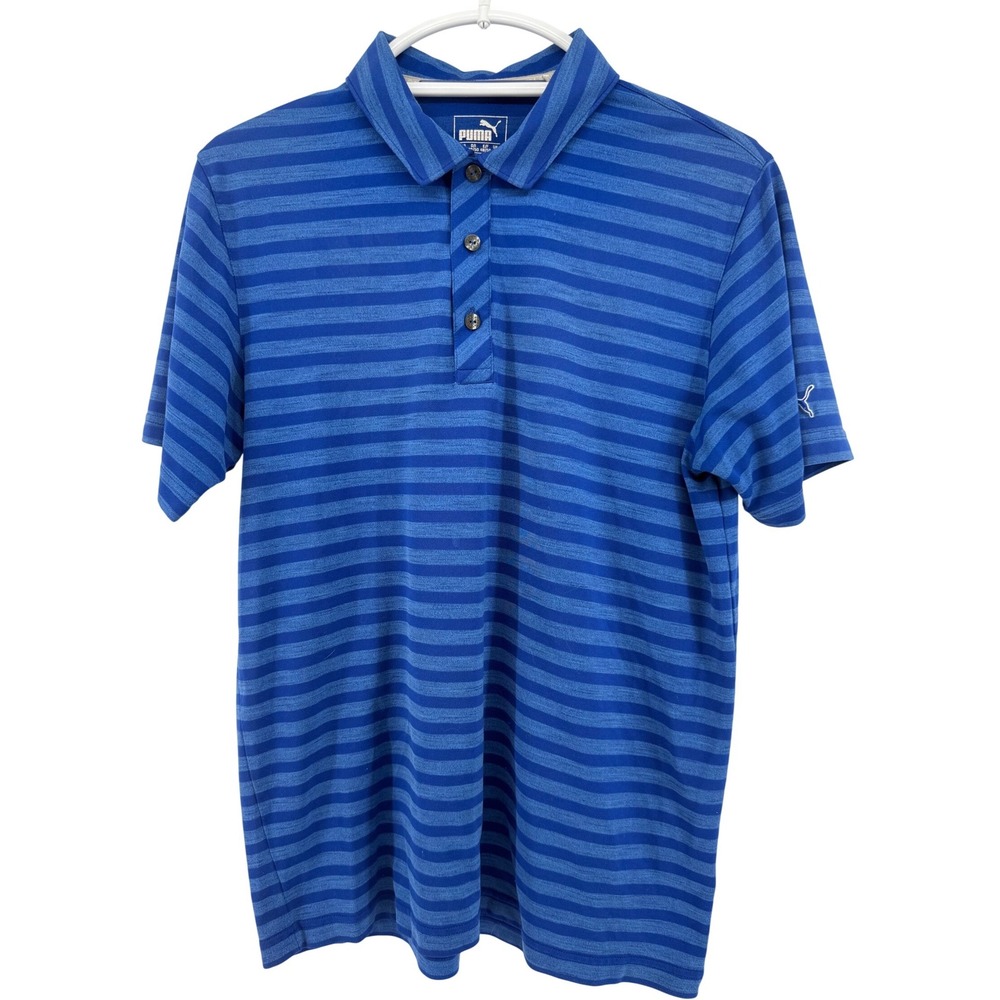 Puma Golf Mens Blue Striped Dry Cell Polo Shirt Short Sleeve Size Medium - Picture 2 of 9